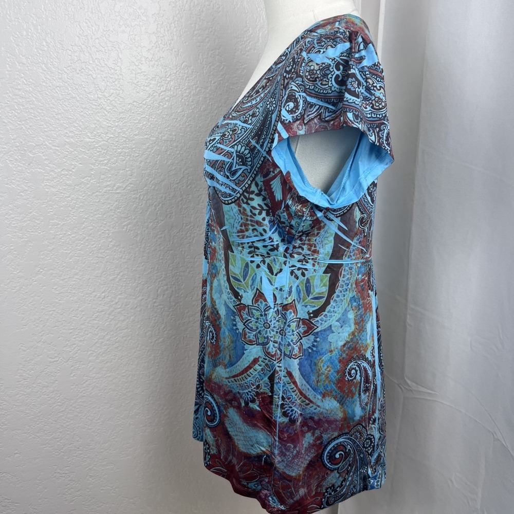 Y2K Boho Top Womens PM Blue Paisley Rhinestone Babydoll Festival Hippie‎ Fairy - Picture 3 of 9